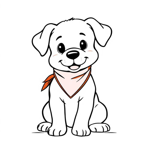 A simple, black and white drawing of a puppy wearing a bandana, depicted with basic lines and minimal detail to make it suitable for children