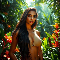 A beautiful Brazilian woman standing amidst a lush tropical rainforest, surrounded by an array of vibrant and exotic plants and flowers