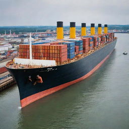 An imaginative transformation of the historic Titanic into a massive, functioning cargo ship. Renovated with enormous cargo bays and cranes, it's seen loaded with containers of various colors, as it navigates through a busy shipping channel.