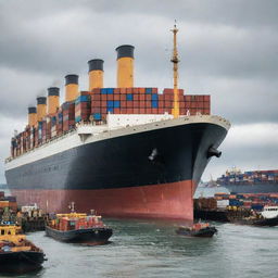 An imaginative transformation of the historic Titanic into a massive, functioning cargo ship. Renovated with enormous cargo bays and cranes, it's seen loaded with containers of various colors, as it navigates through a busy shipping channel.