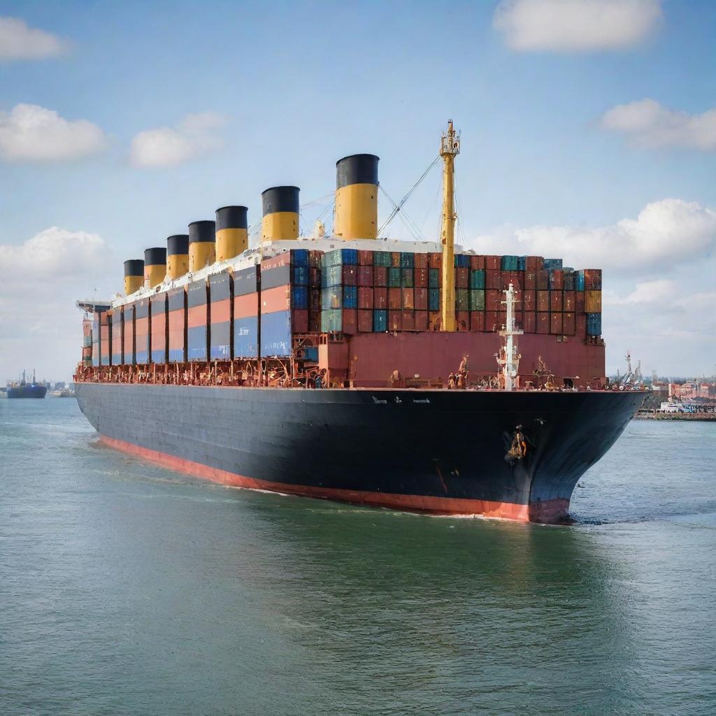 An imaginative transformation of the historic Titanic into a massive, functioning cargo ship. Renovated with enormous cargo bays and cranes, it's seen loaded with containers of various colors, as it navigates through a busy shipping channel.