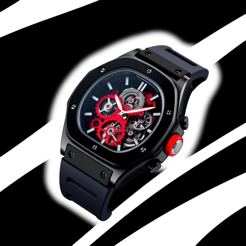 A watch featuring a glossy black resin case that exudes a sleek and modern aesthetic