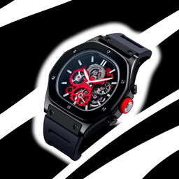 A watch featuring a glossy black resin case that exudes a sleek and modern aesthetic