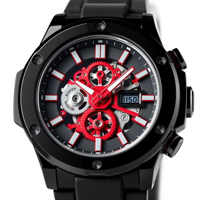 A watch featuring a glossy black resin case that exudes a sleek and modern aesthetic