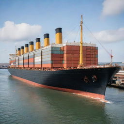 An imaginative transformation of the historic Titanic into a massive, functioning cargo ship. Renovated with enormous cargo bays and cranes, it's seen loaded with containers of various colors, as it navigates through a busy shipping channel.