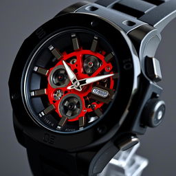 A watch featuring a glossy black resin case that exudes a sleek and modern aesthetic