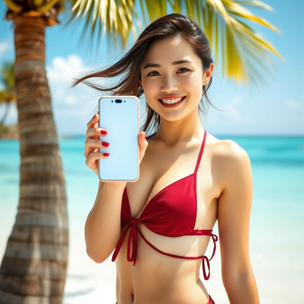 Asian female model in a stylish, red maroon bikini posing confidently while holding a smartphone towards the viewer with a smile