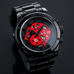 A watch featuring a glossy black resin case, presenting a sleek and contemporary style with a touch of elegance