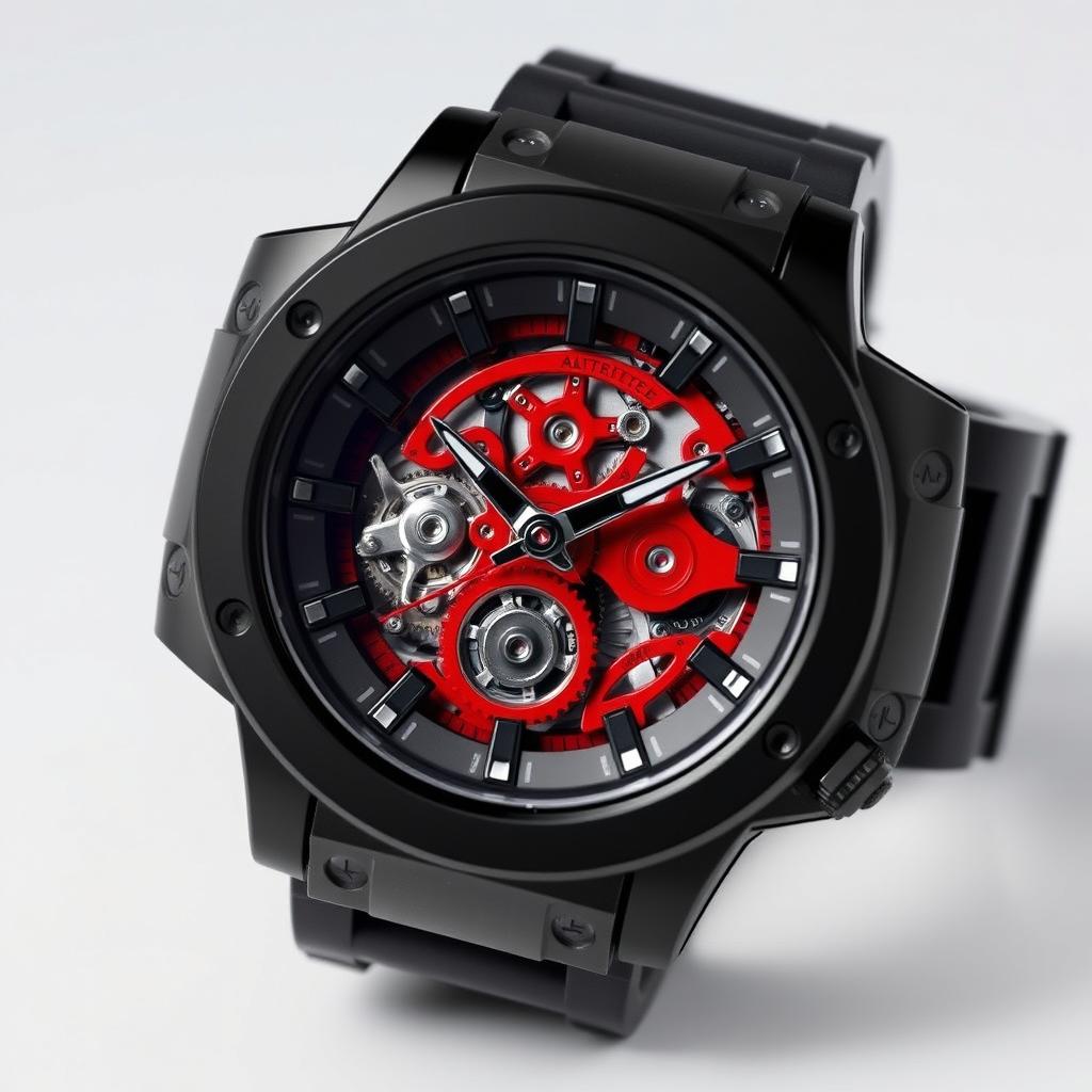 A watch featuring a glossy black resin case that exudes a sleek and modern aesthetic