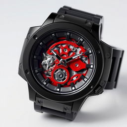 A watch featuring a glossy black resin case that exudes a sleek and modern aesthetic