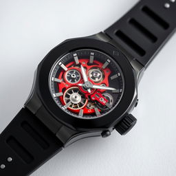 A watch featuring a glossy black resin case that exudes a sleek and modern aesthetic