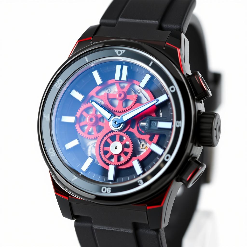 A watch featuring a glossy black resin case that exudes a sleek and modern aesthetic