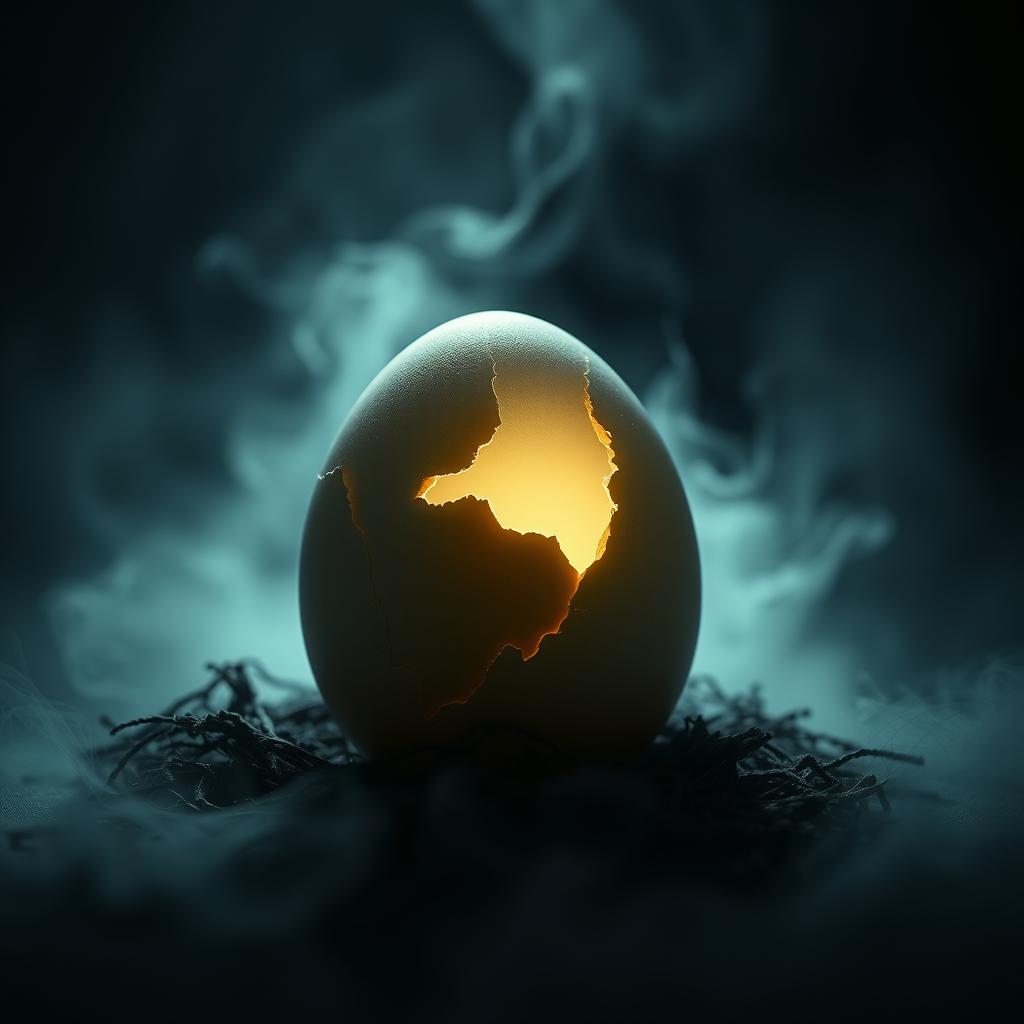 A mysterious and captivating book cover featuring a single egg with mysterious crack lines suggesting a chick is about to hatch