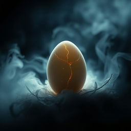 A mysterious and captivating book cover featuring a single egg with mysterious crack lines suggesting a chick is about to hatch