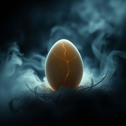 A mysterious and captivating book cover featuring a single egg with mysterious crack lines suggesting a chick is about to hatch