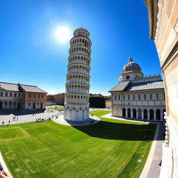 A breathtaking view of the Leaning Tower of Pisa under a clear blue sky