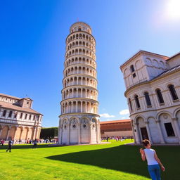 A breathtaking view of the Leaning Tower of Pisa under a clear blue sky