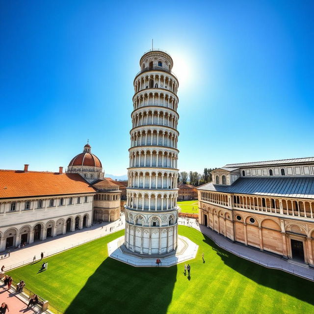 A breathtaking view of the Leaning Tower of Pisa under a clear blue sky