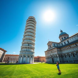 A breathtaking view of the Leaning Tower of Pisa under a clear blue sky