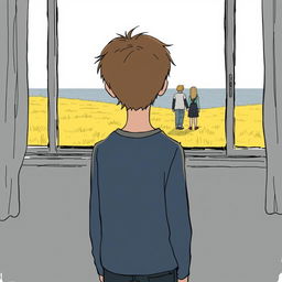 A 19-year-old boy stands inside a house by a window, observing a couple in a low yellow grass field