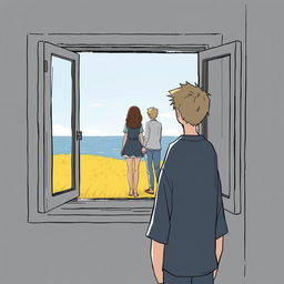 A 19-year-old boy stands inside a house by a window, observing a couple in a low yellow grass field