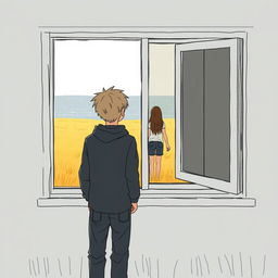 A 19-year-old boy stands inside a house by a window, observing a couple in a low yellow grass field