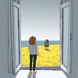 A 19-year-old boy stands inside a house by a window, observing a couple in a low yellow grass field