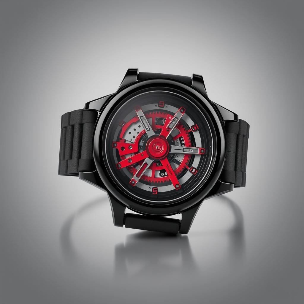 A sleek and modern watch showcasing a black gloss resin case with a striking red mechanism visible through the transparent back