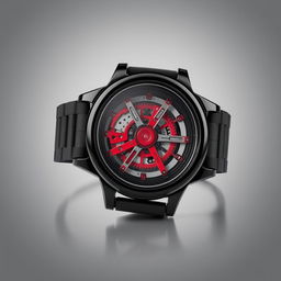 A sleek and modern watch showcasing a black gloss resin case with a striking red mechanism visible through the transparent back