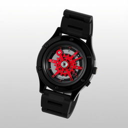 A sleek and modern watch showcasing a black gloss resin case with a striking red mechanism visible through the transparent back