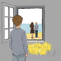 A 19-year-old boy stands inside a house by a window, observing a couple in a low yellow grass field