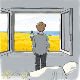 A 19-year-old boy stands inside a house by a window, observing a couple in a low yellow grass field