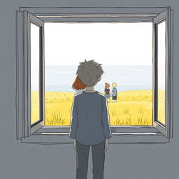 A 19-year-old boy stands inside a house by a window, observing a couple in a low yellow grass field