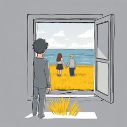 A 19-year-old boy stands inside a house by a window, observing a couple in a low yellow grass field