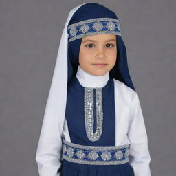 A dark blue, white and grey western band costume suitable for a Muslim school. It features a head covering prepared with a chic wrapping, and a modest side cap adorned with tasteful chains.