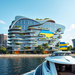 A bionic and futuristic building with a silhouette unmistakably resembling the map of Ukraine