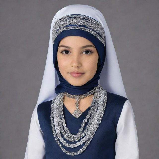 A dark blue, white and grey western band costume suitable for a Muslim school. It features a head covering prepared with a chic wrapping, and a modest side cap adorned with tasteful chains.