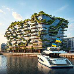 A ultramodern building designed in a bionic and futuristic style, where its entire silhouette distinctly resembles the map of Ukraine