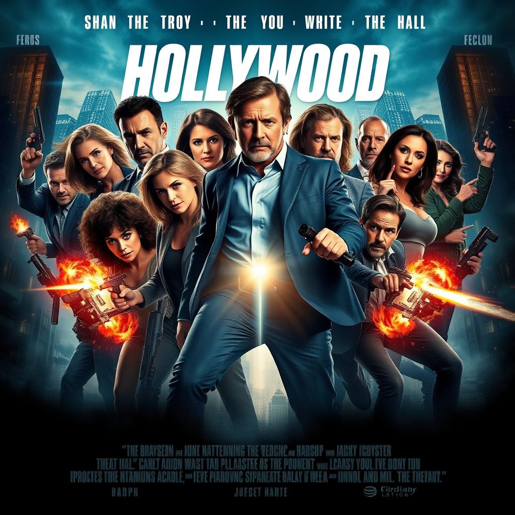 A captivating Hollywood movie poster featuring an ensemble cast in action-packed poses