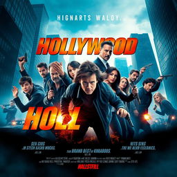 A captivating Hollywood movie poster featuring an ensemble cast in action-packed poses