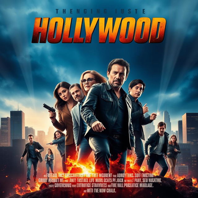 A captivating Hollywood movie poster featuring an ensemble cast in action-packed poses