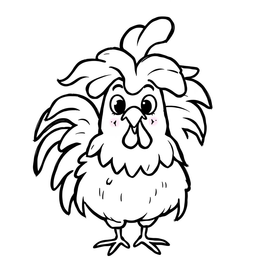 A simple, black and white drawing of a funny rooster with ruffled feathers, depicted with clear, bold lines