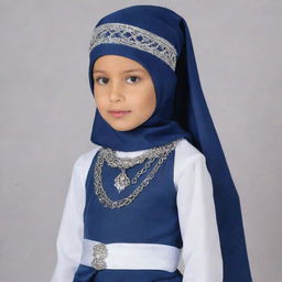 A dark blue, white and grey western band costume suitable for a Muslim school. It features a head covering prepared with a chic wrapping, and a modest side cap adorned with tasteful chains.