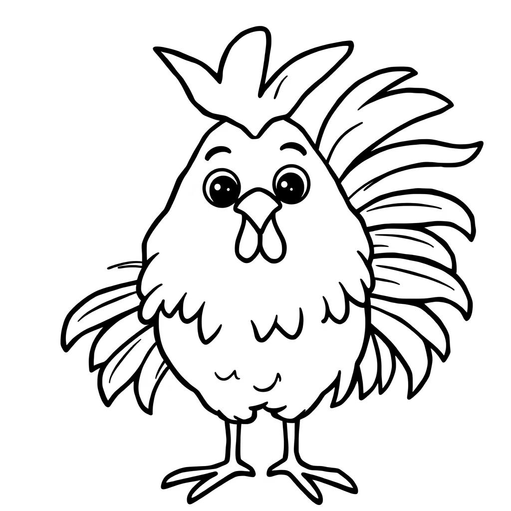 A simple, black and white drawing of a funny rooster with ruffled feathers, depicted with clear, bold lines