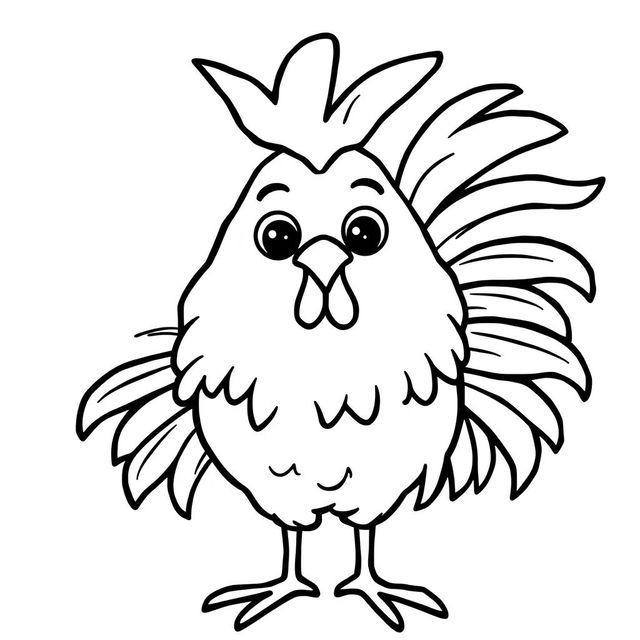 A simple, black and white drawing of a funny rooster with ruffled feathers, depicted with clear, bold lines