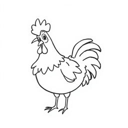 A simple, black and white drawing of a funny rooster with ruffled feathers, depicted with clear, bold lines