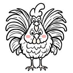 A simple, black and white drawing of a funny rooster with ruffled feathers, depicted with clear, bold lines