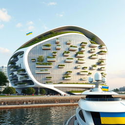 A futuristic and bionic building with a silhouette precisely resembling the map of Ukraine