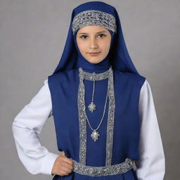 A dark blue, white and grey western band costume suitable for a Muslim school. It features a head covering prepared with a chic wrapping, and a modest side cap adorned with tasteful chains.