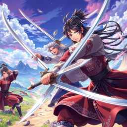 Epic anime featuring Ukrainian swordfighters, set in a mystical world with vibrant landscapes